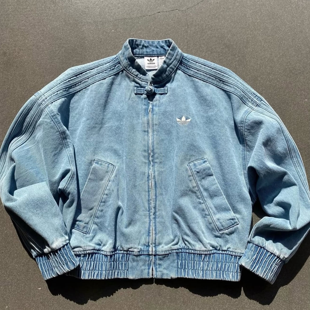 Light Blue Washed Denim CNY Jacket – Oversized Chinese Knot Streetwear Unisex Jacket
