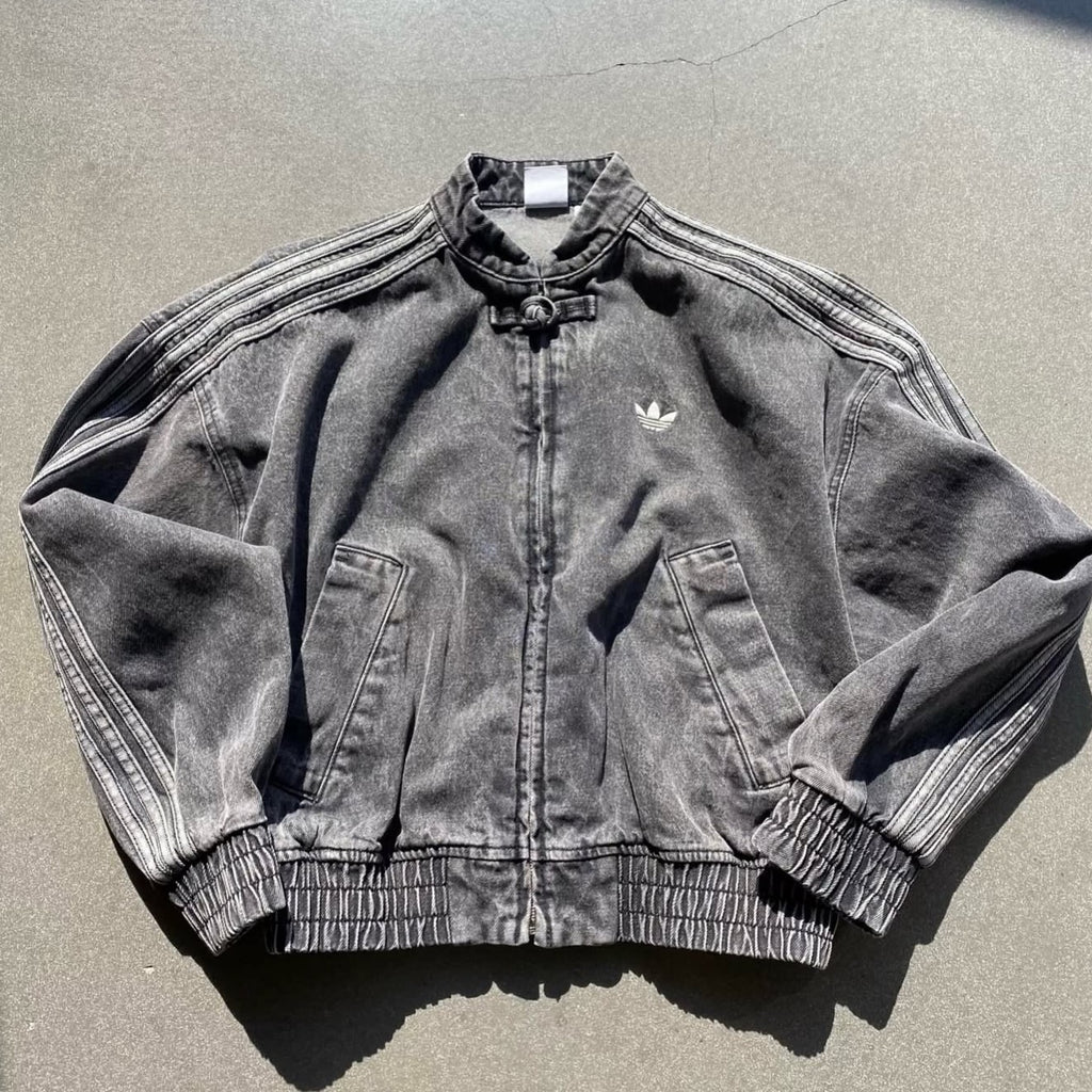 Vintage Washed Denim CNY Jacket – Chinese Knot Streetwear Oversized Unisex Jacket with Stripe Sleeves