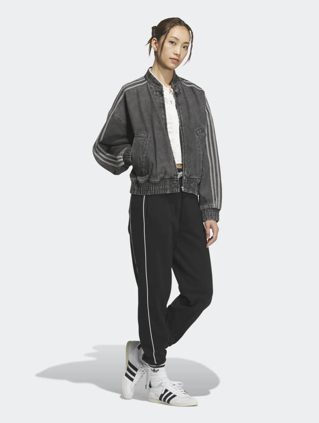 Vintage Washed Denim CNY Jacket – Chinese Knot Streetwear Oversized Unisex Jacket with Stripe Sleeves