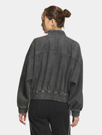 Vintage Washed Denim CNY Jacket – Chinese Knot Streetwear Oversized Unisex Jacket with Stripe Sleeves