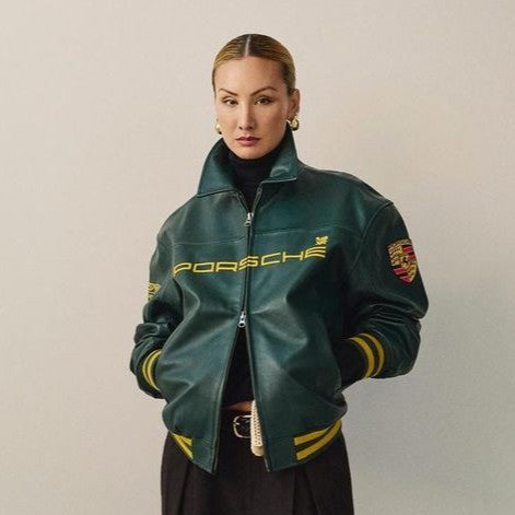 Porsche Varsity Leather Jacket – Limited Edition Dark Green Bomber with Embroidered Porsche Crest & Retro Racing Details