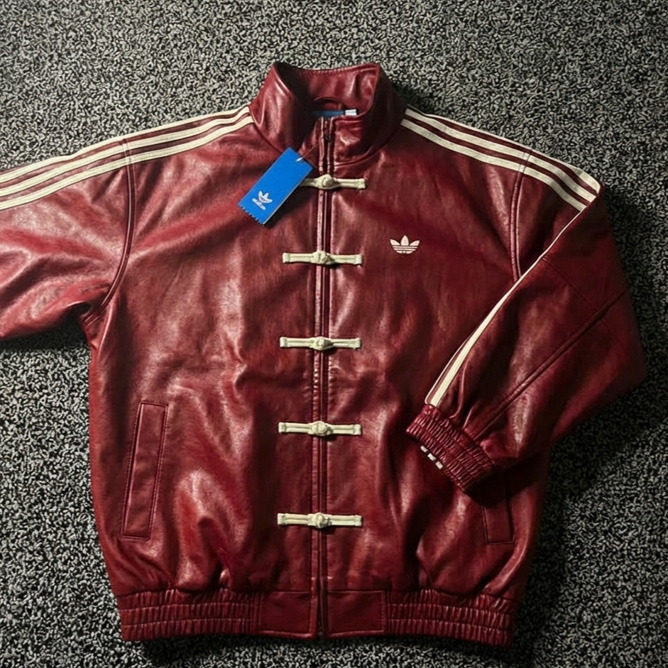 Casique Faux Leather Chinese New Year Tang Jacket – CTT-Inspired Premium Streetwear Bomber (Cherry Red)